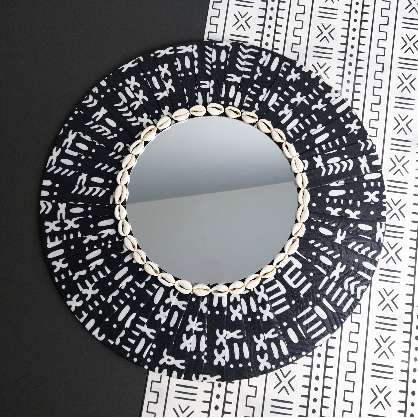 Noir Absolu | Handmade Bogolan-Inspired Wall Mirror | 40cm